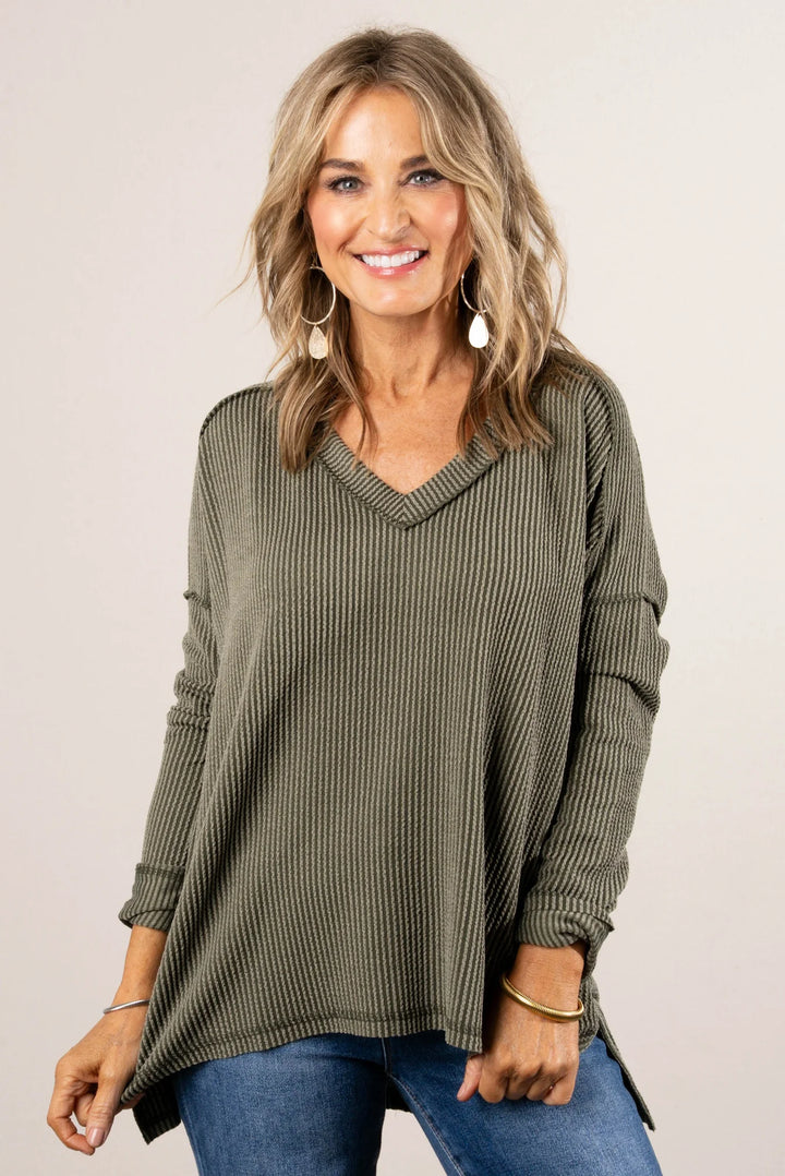 Zen Ribbed Long Sleeve Top (Dark Olive)