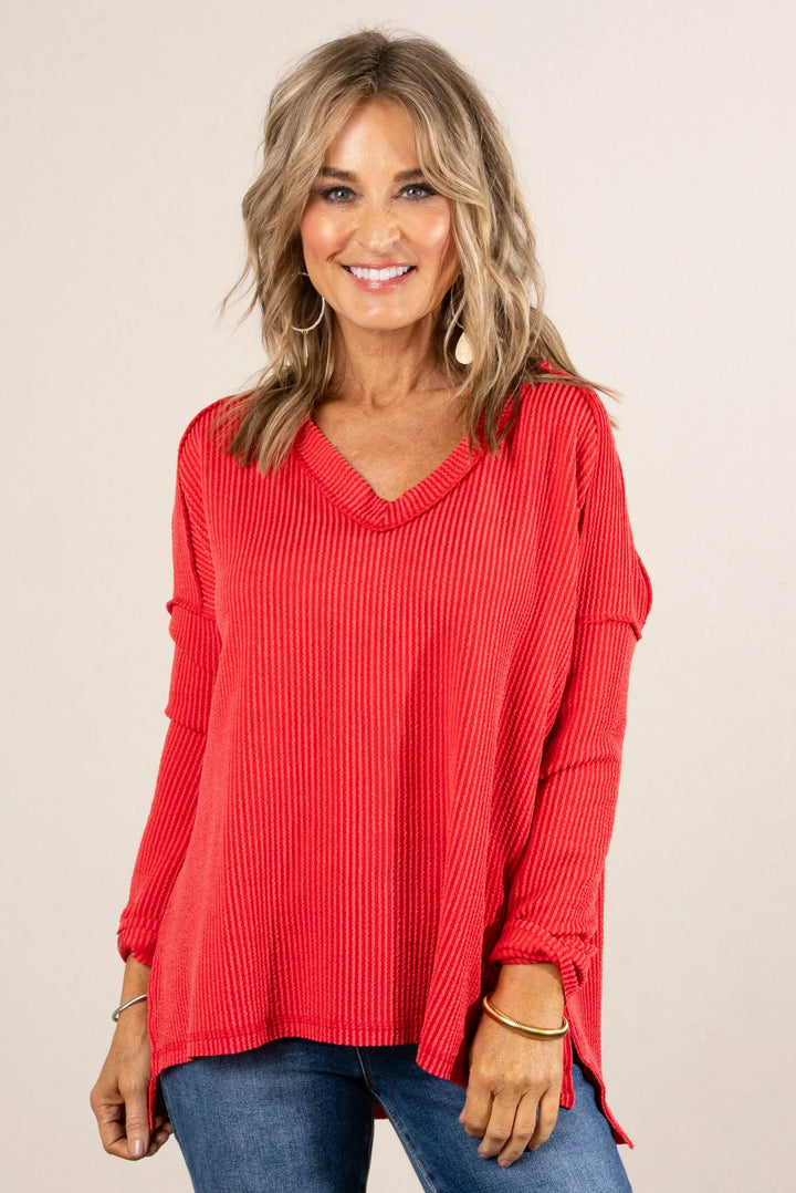 Zen Ribbed Long Sleeve Top (Ruby)