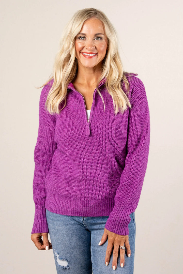 Zen Oxford Knit Zip Sweater (Plum)