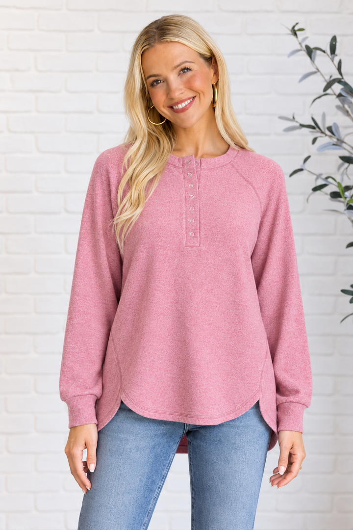 Zen Ultra Soft Button Knit Top (Light Rose)