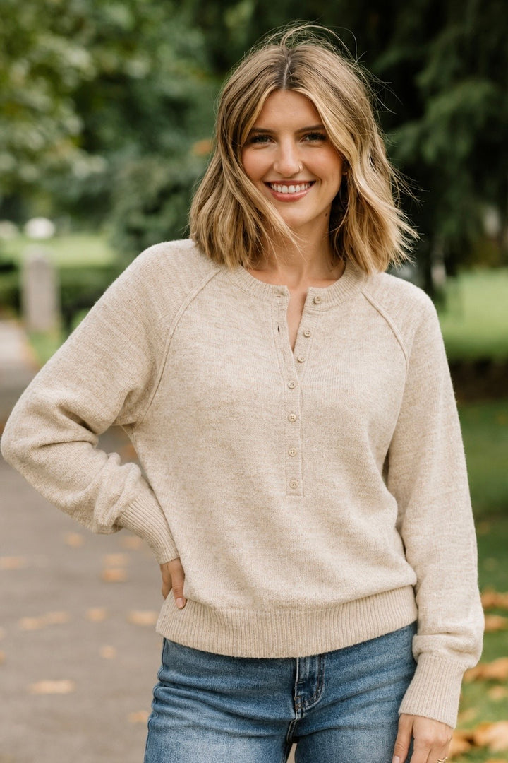 Zen Easy Fit Henley Sweater (Heather Beige)