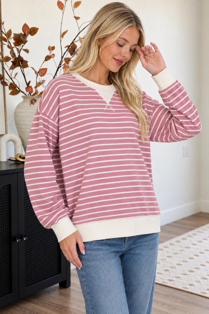 Zen Striped Crewneck (Light Rose)