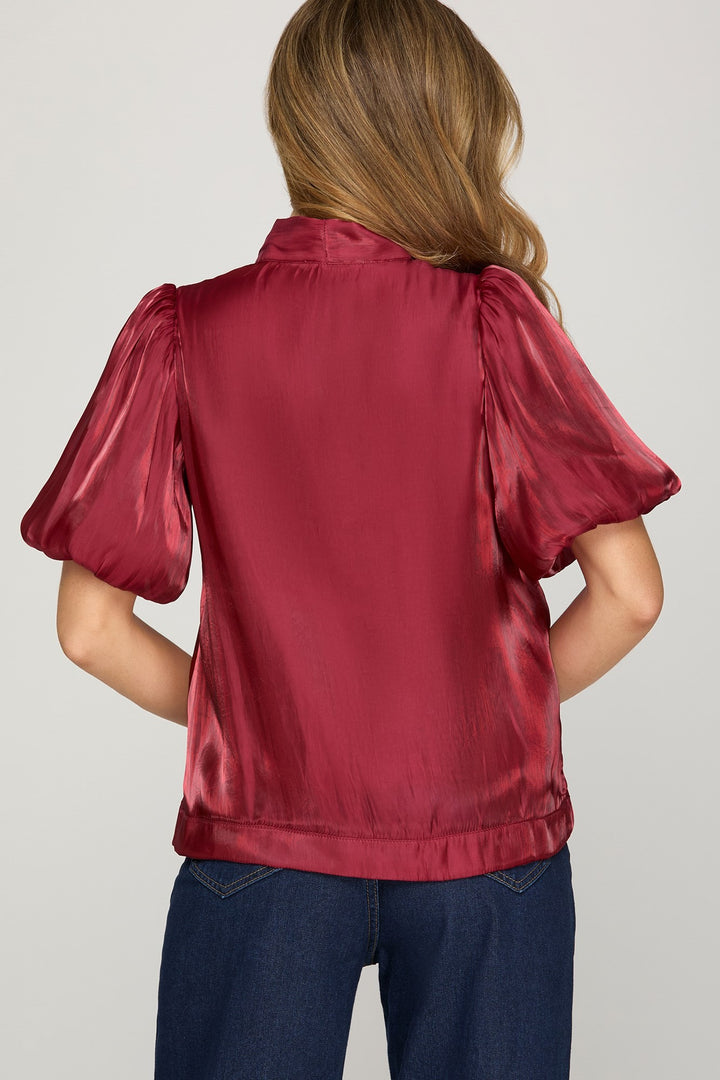 She + Sky Puff Sleeve Bow Blouse (Red)