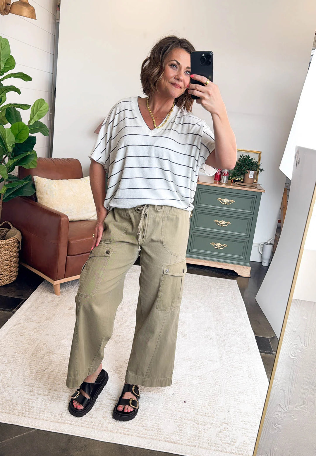 Jolie Slouchy Dolman Tee (Off White Stripe)