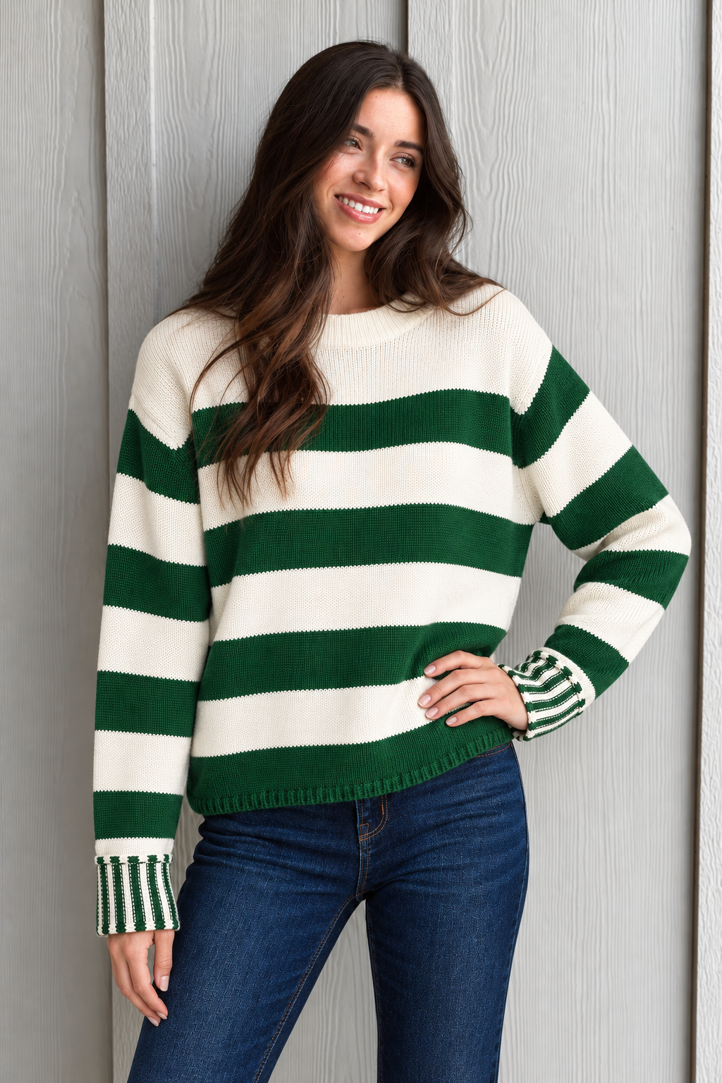Zen Striped Cotton Sweater (Dark Green)