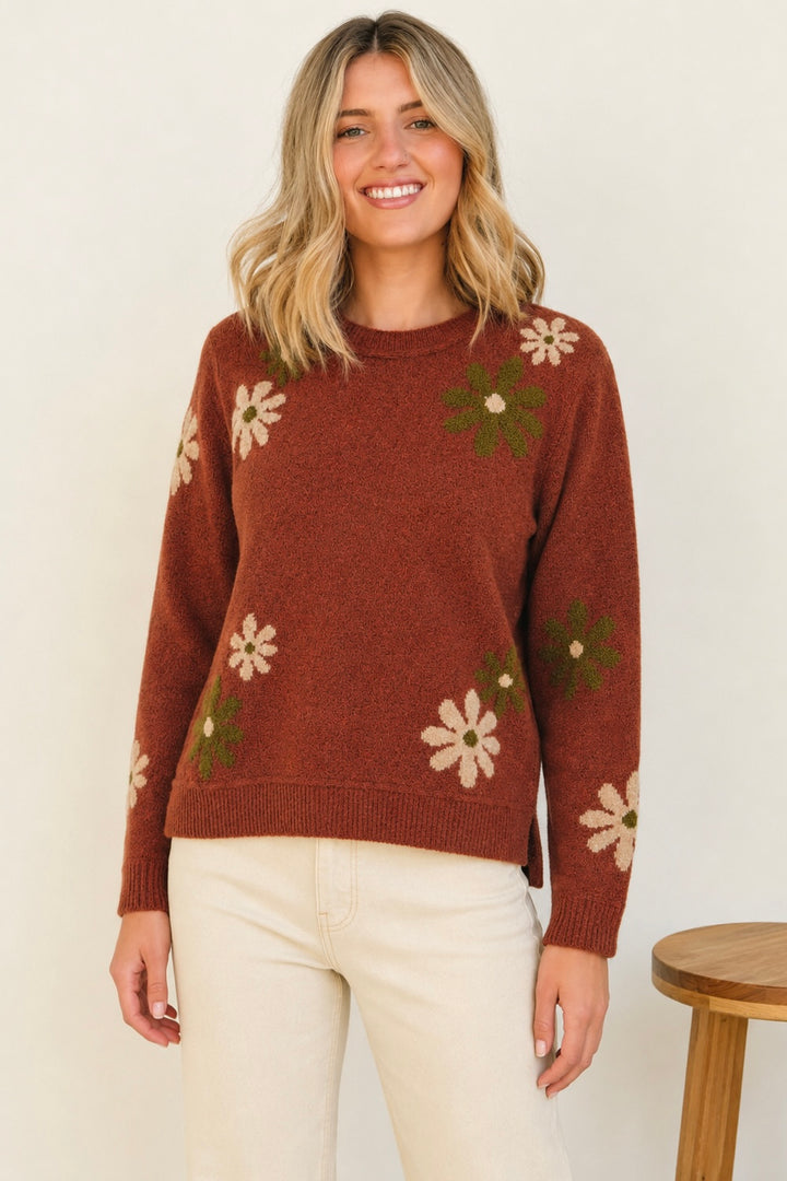 Be Cool Floral Knit Sweater (Rust)