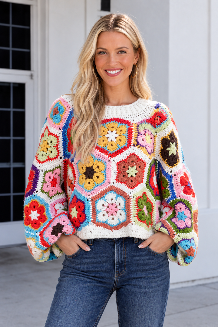 My Cozy Floral Crochet Sweater (Ivory)