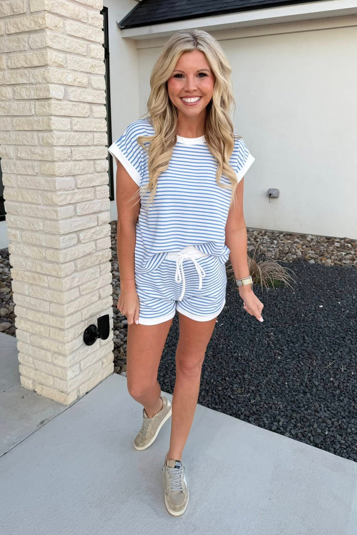 Zen Striped Lounge Shorts Set  (Bright Blue)