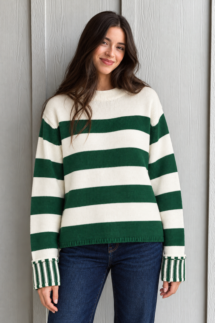 Zen Striped Cotton Sweater (Dark Green)