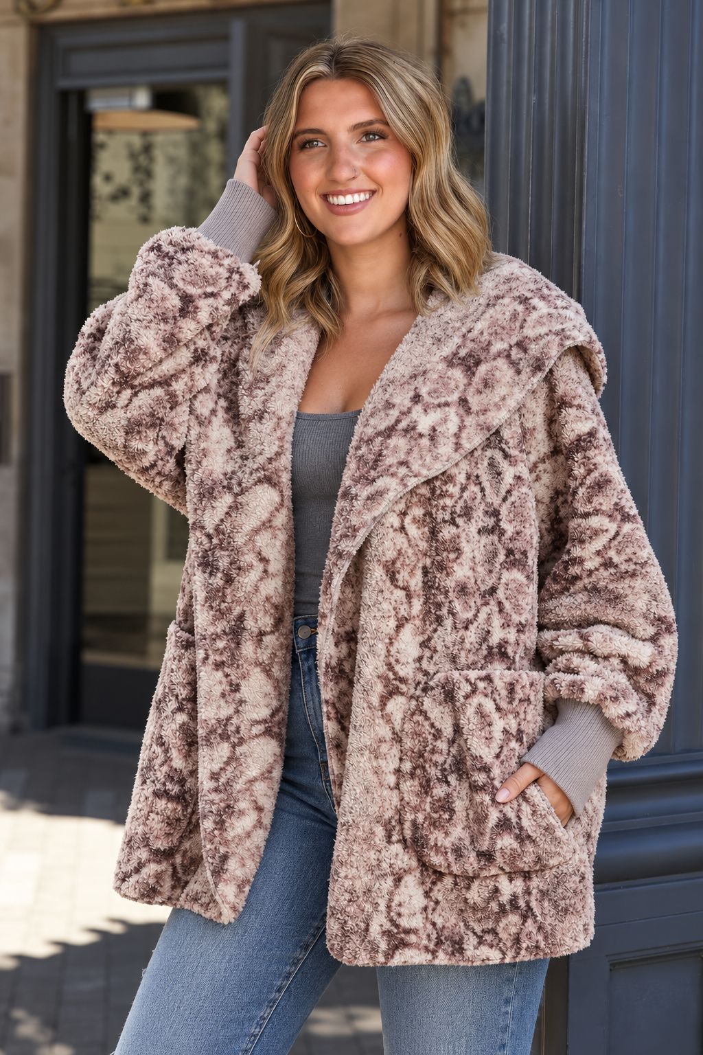 Teddy Bear Plush Cardigan (Mauve Mosaic)