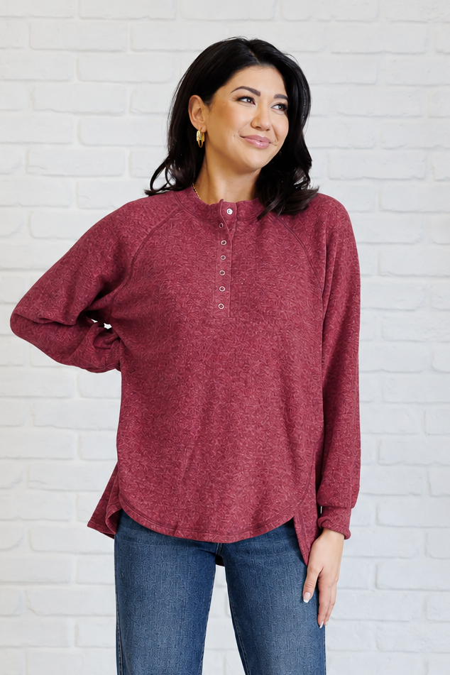 Zen Ultra Soft Button Knit Top (Dark Burgundy)