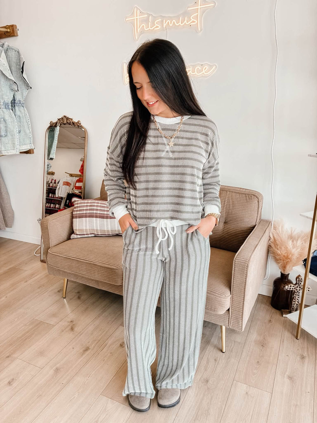Zen Rib Striped Lounge Set (Light Olive)