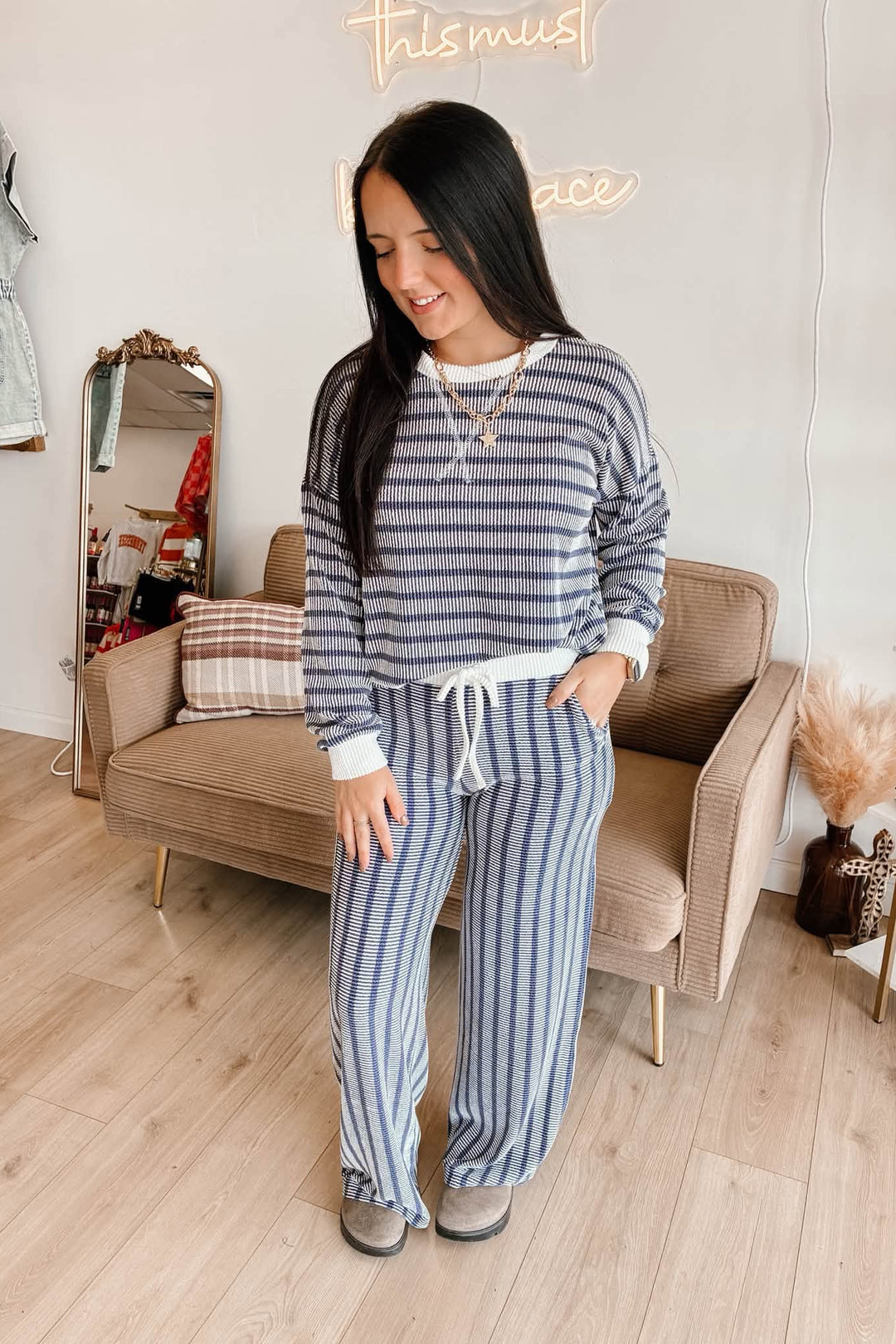 Zen Rib Striped Lounge Set (Navy)