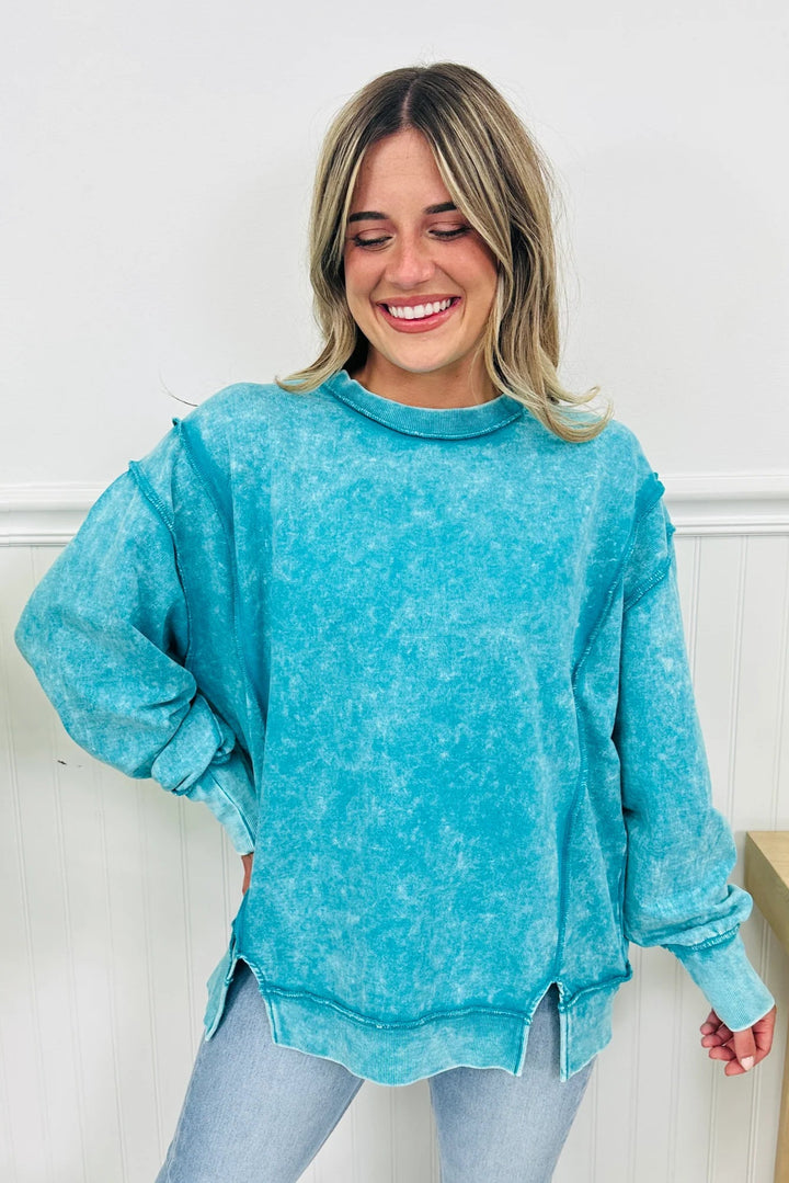 Zen Acid Wash Cotton Sweatshirt (Light Teal)