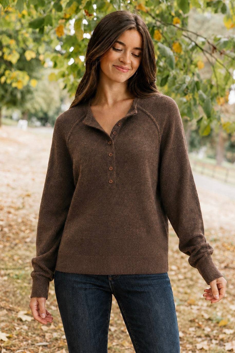 Zen Easy Fit Henley Sweater (Dark Brown)