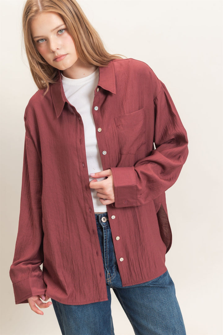 HYFVE Crinkled Button Down Shirt (Maroon)