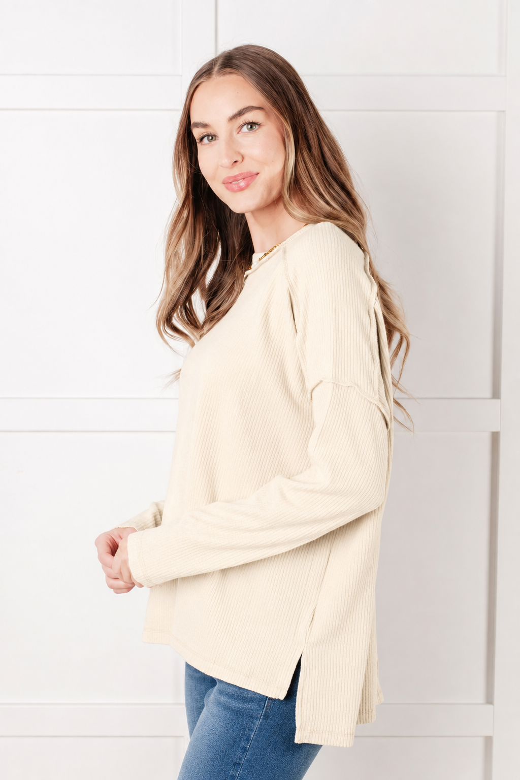 Zen Brushed High-Low Sweater (Sand Beige)