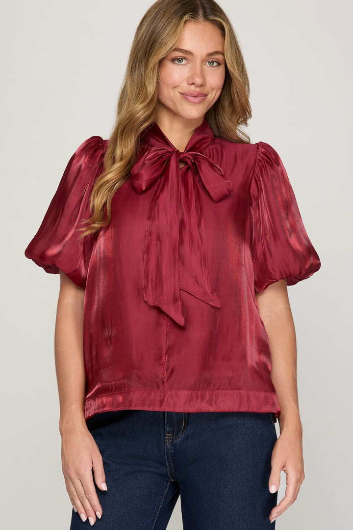 She + Sky Puff Sleeve Bow Blouse (Red)