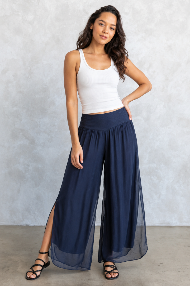 Meo Silk High Rise Pant (Navy)