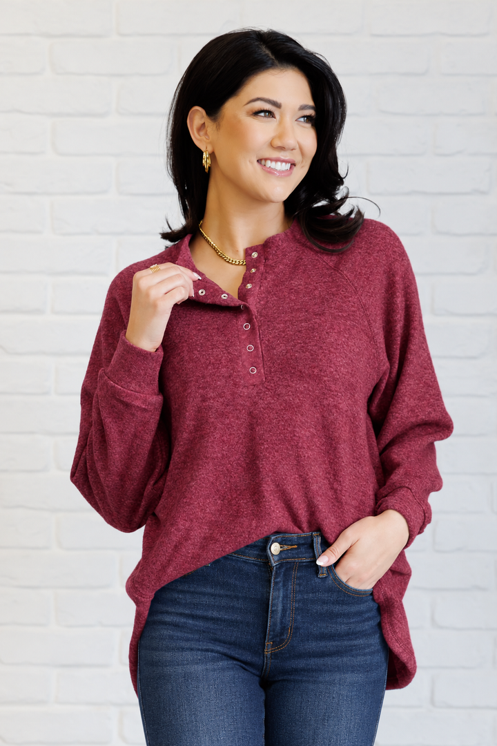 Zen Ultra Soft Button Knit Top (Dark Burgundy)