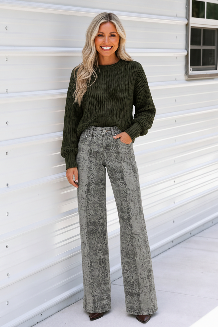 Kancan Snake Print Wide Leg Jean