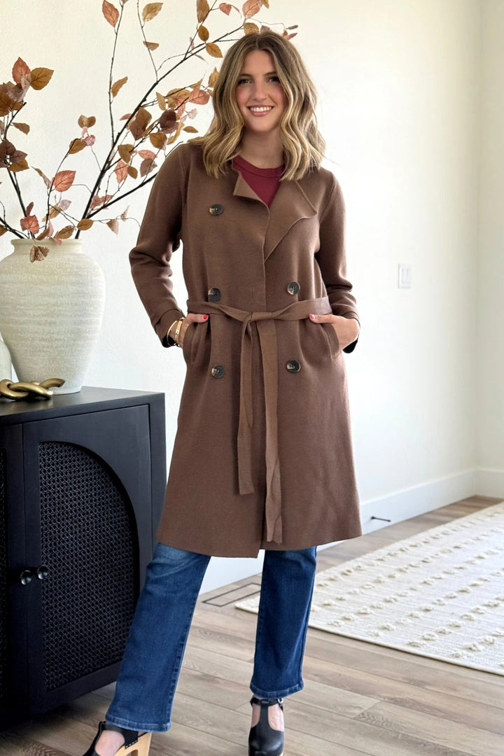 Jolie Cashmere Knit Trench Coat (Chocolate Brown)