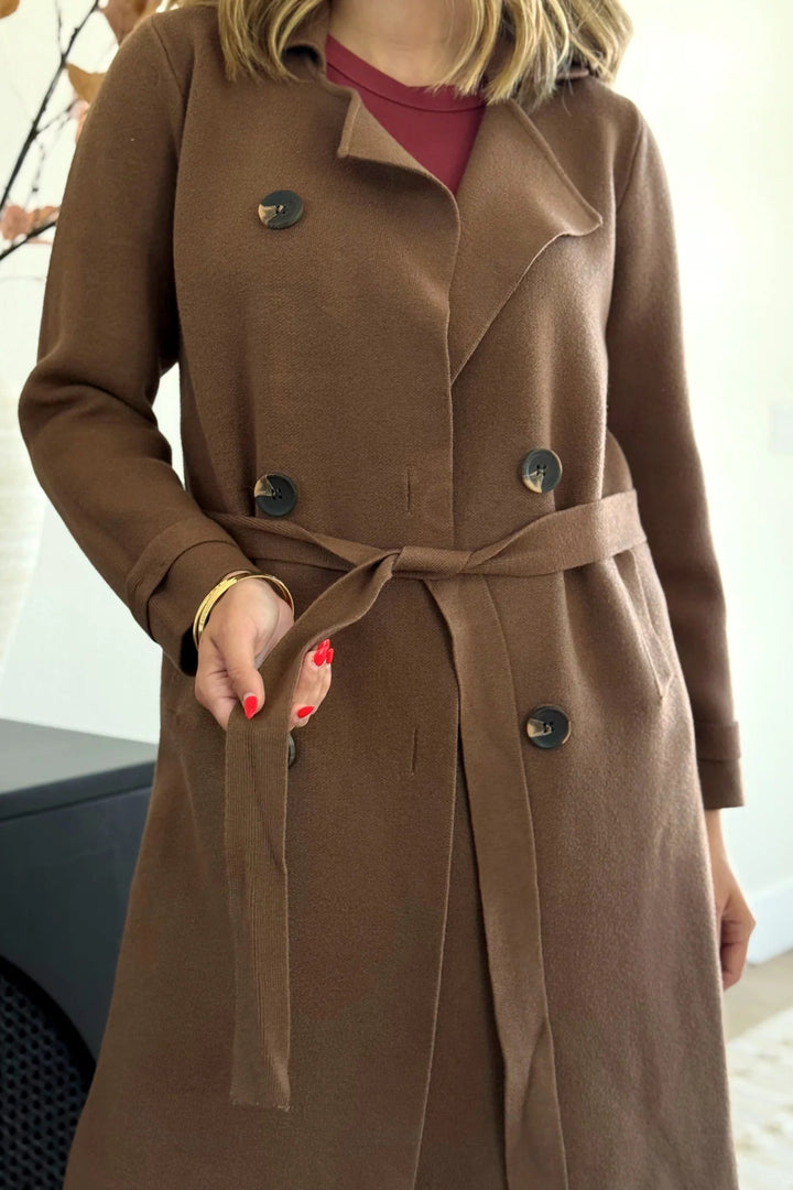Jolie Cashmere Knit Trench Coat (Chocolate Brown)