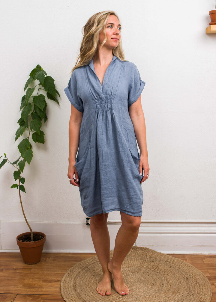 Blue 100% linen dress from Vibe Apparel Canada