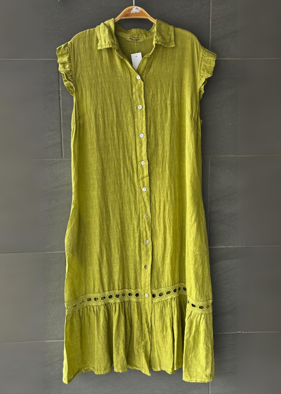 Meo Linen Flutter Midi Dress (Avocado)