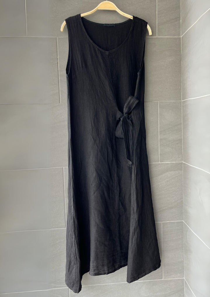 Meo Linen Tie Midi Dress (Black)