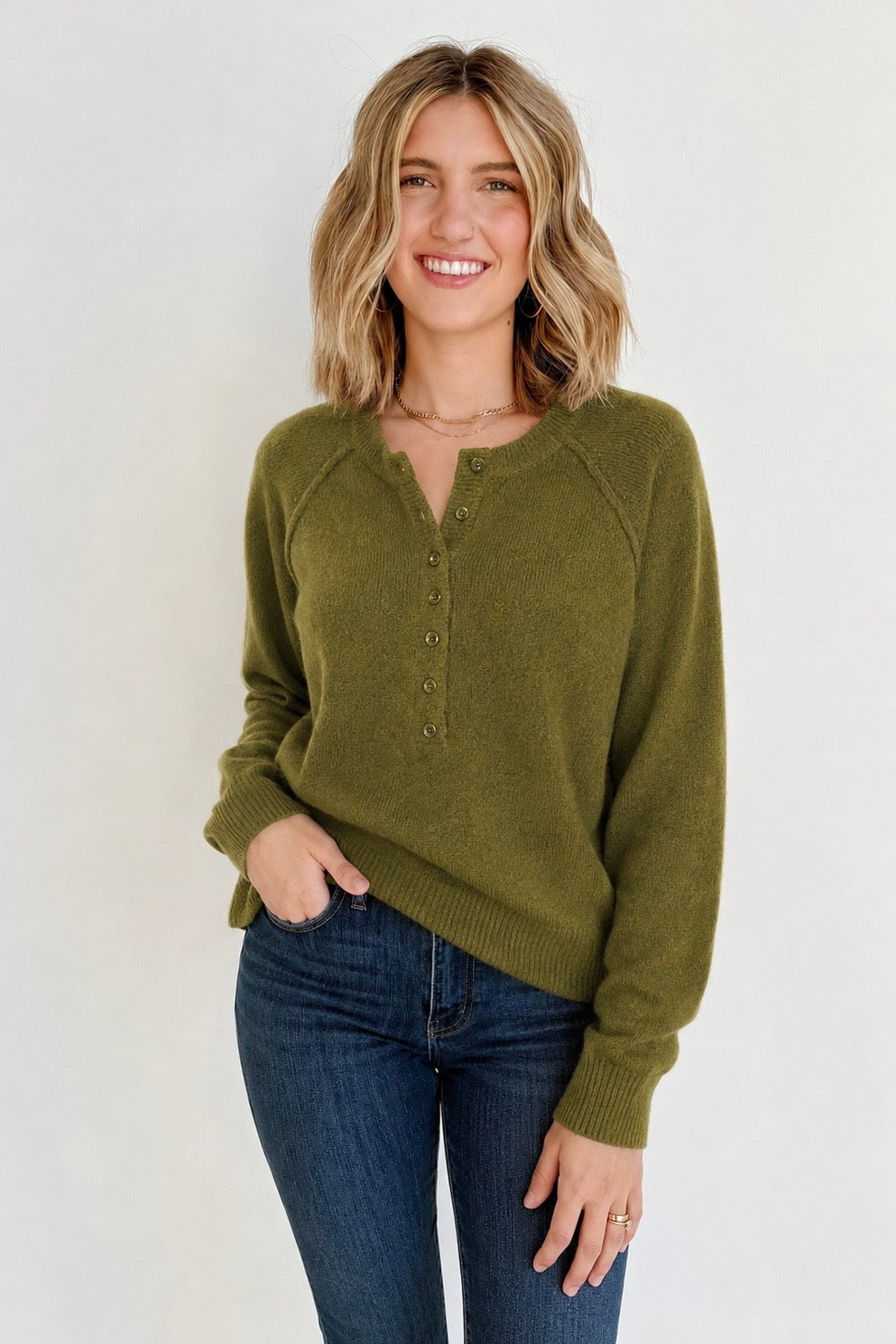 Zen Easy Fit Henley Sweater (Olive)