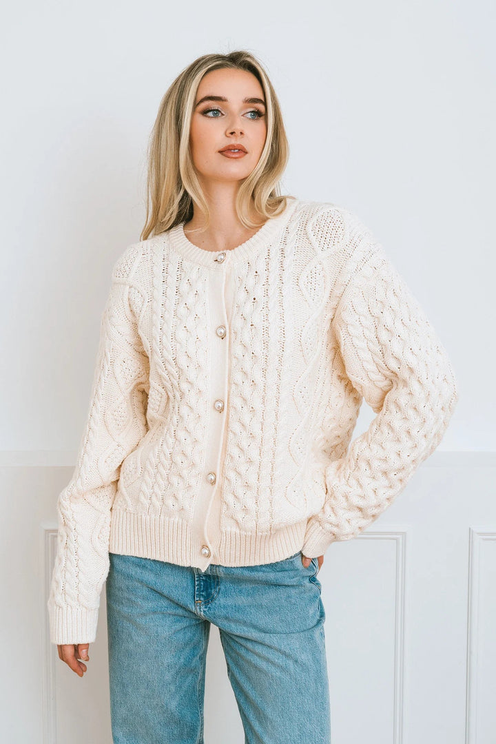Brunette The Label Cable Knit Pearl Cardigan