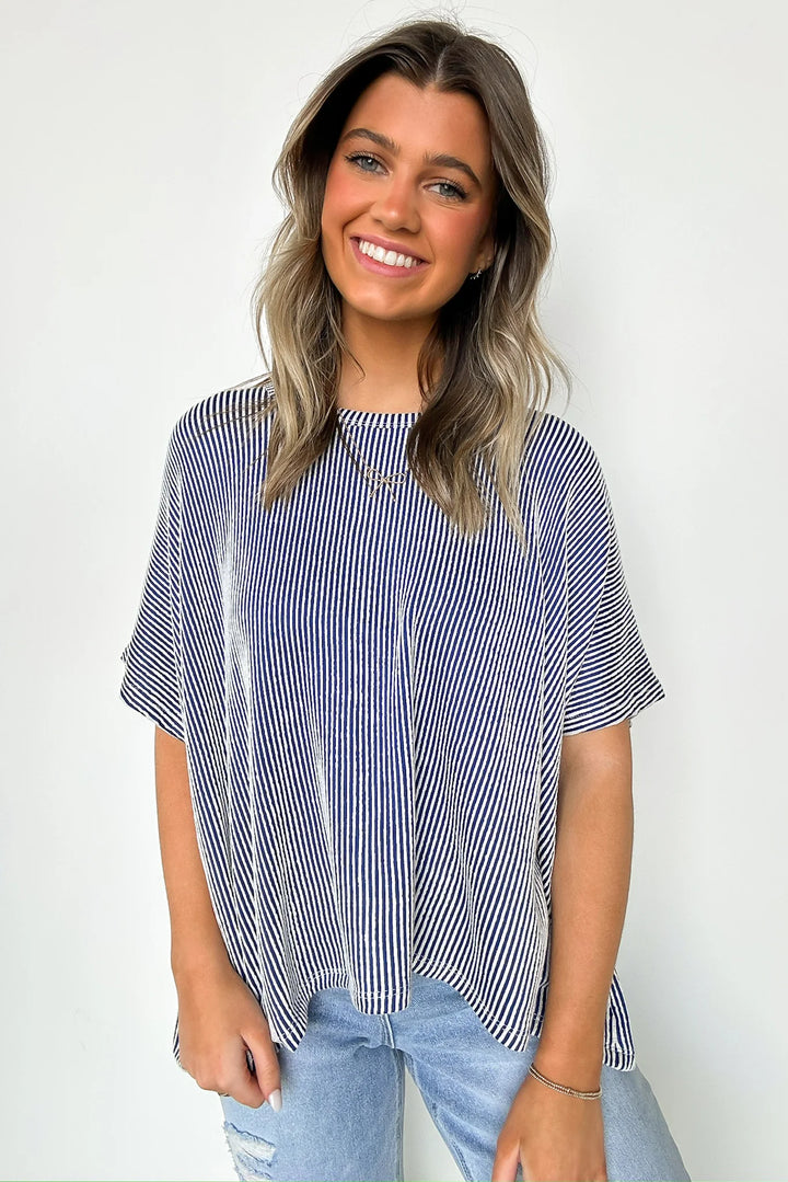 Zen Rib Striped Oversized Tee (Light Navy)
