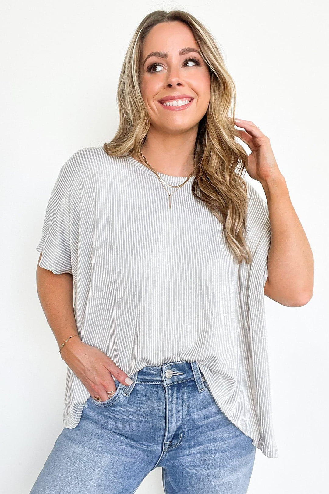 Zen Rib Striped Oversized Tee (Light Grey)