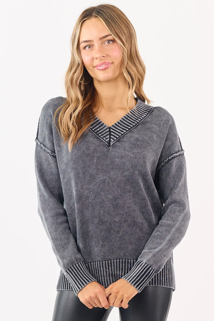 Zen Oversized Cotton V Neck Sweater (Heather Charcoal)