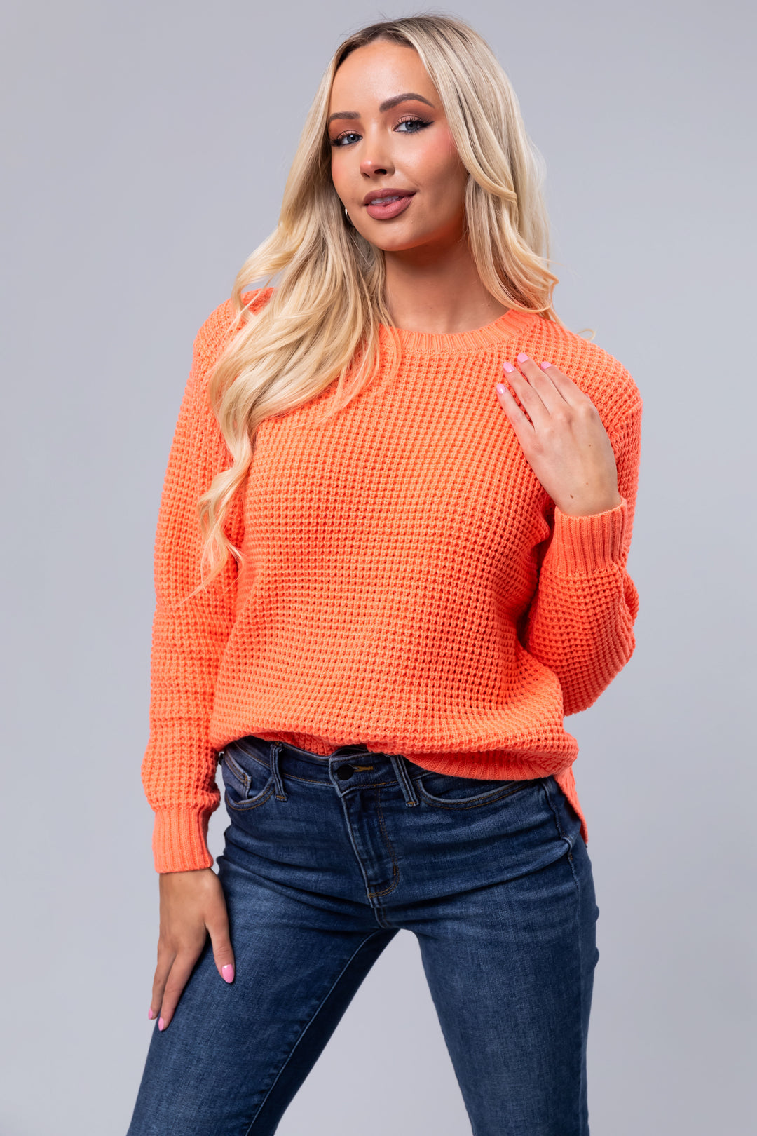 Zen Waffle Knit Sweater (Orange Coral)