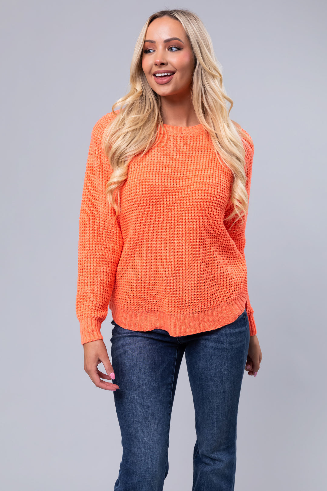 Zen Waffle Knit Sweater (Orange Coral)