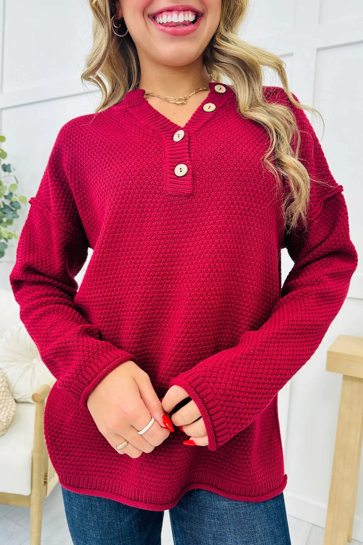 Zen Henley Waffle Sweater (Cabernet)