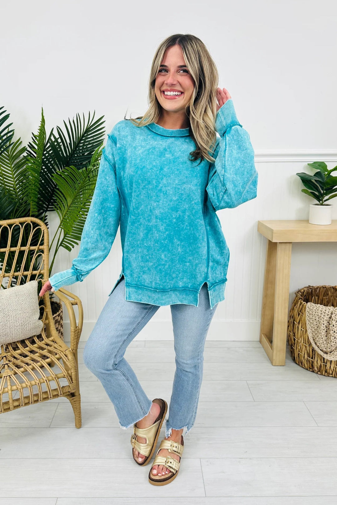Zen Acid Wash Cotton Sweatshirt (Light Teal)