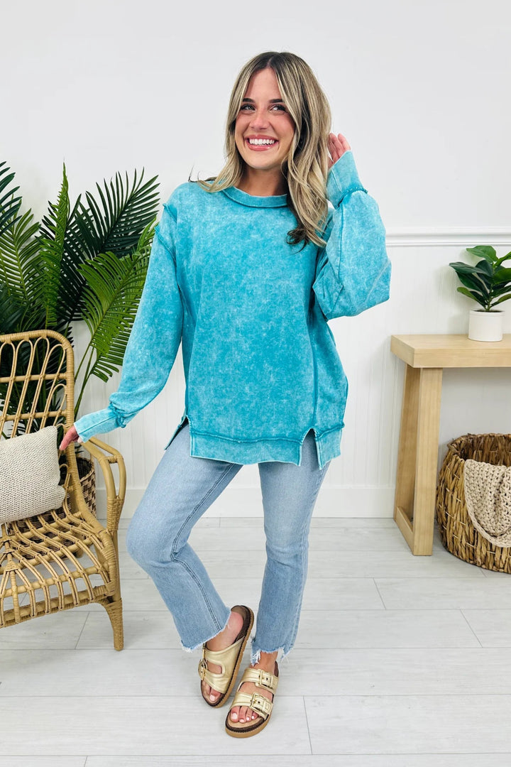 Zen Acid Wash Cotton Sweatshirt (Light Teal)