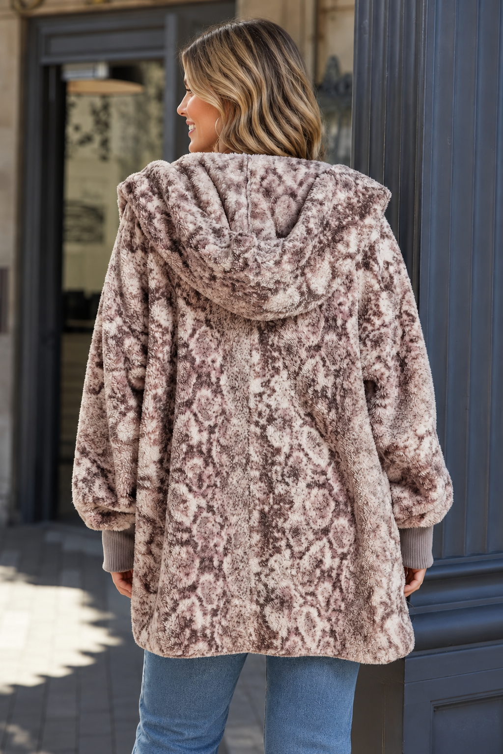 Teddy Bear Plush Cardigan (Mauve Mosaic)