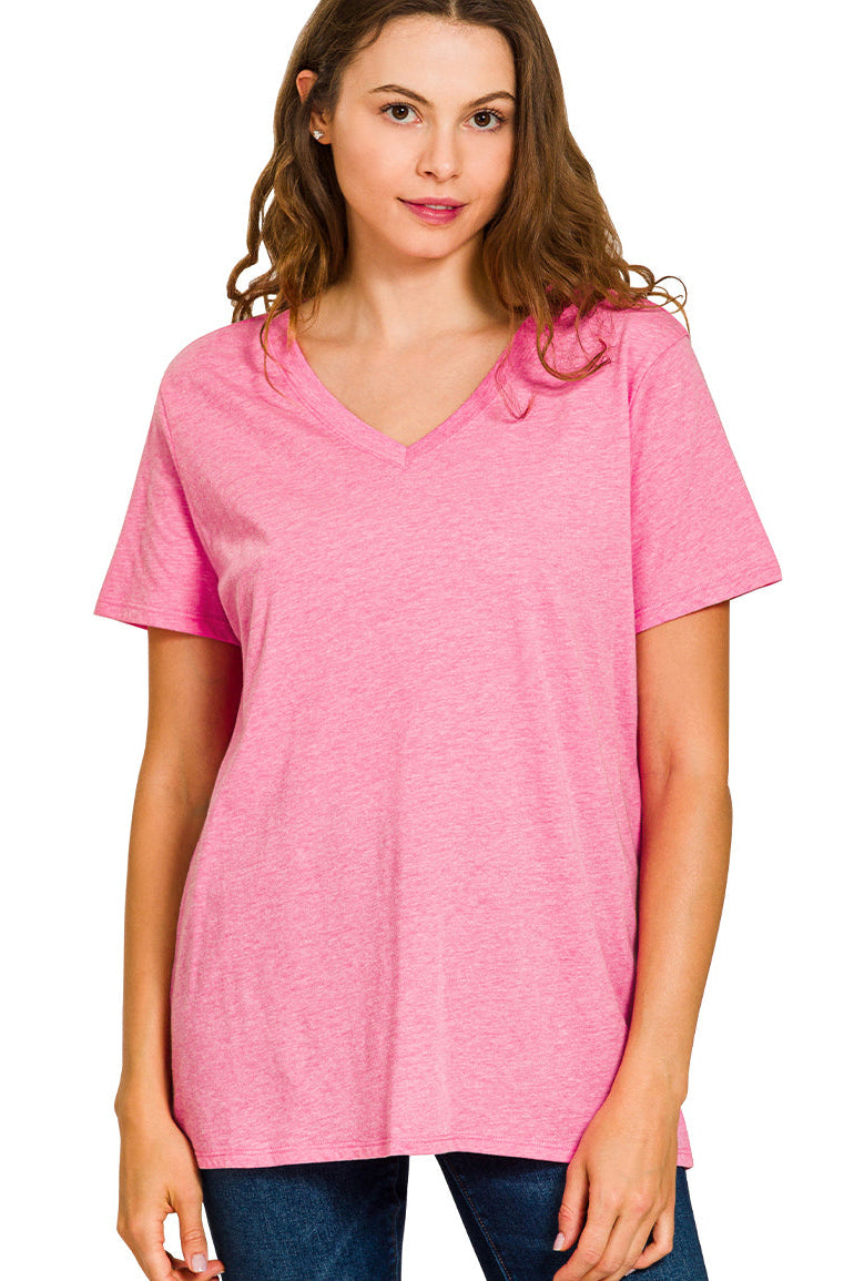 Zen Cotton V Neck Tee (Heather Fuchsia)