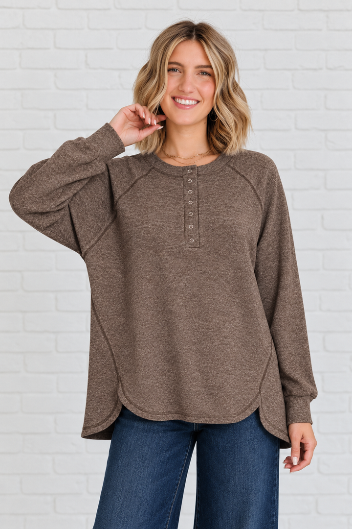 Zen Ultra Soft Button Knit Top (Chocolate)