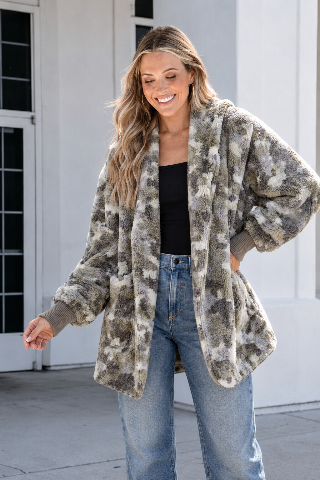 Teddy Bear Plush Cardigan (Grey Camo)