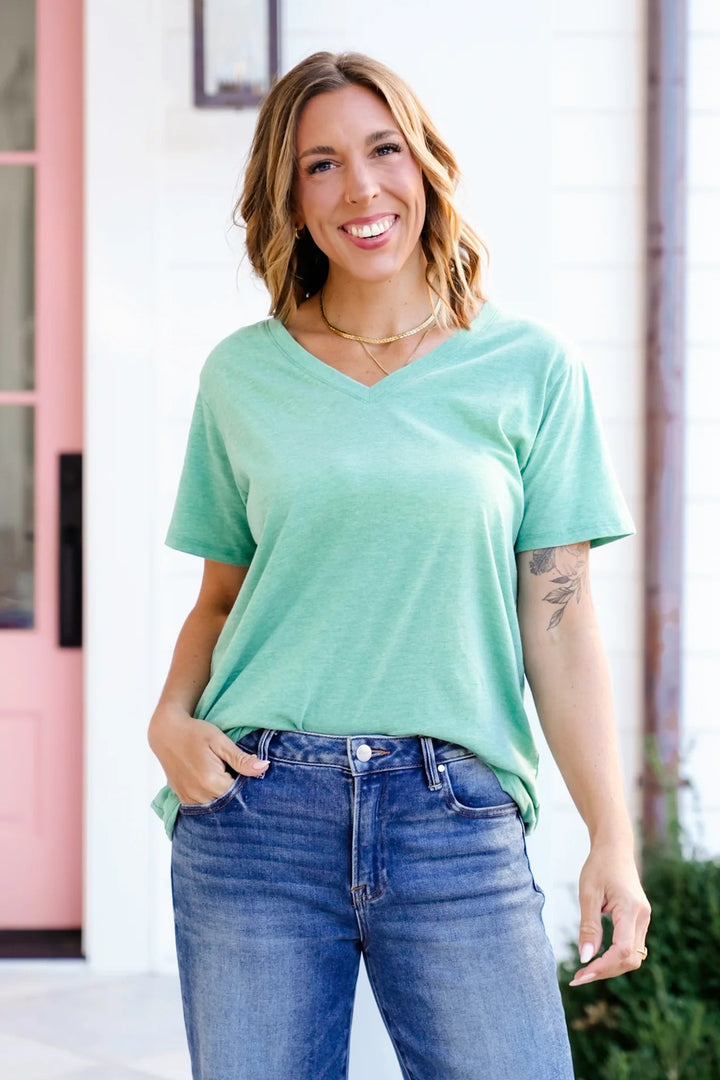 Zen Cotton V Neck Tee (Heather Kelly Green)