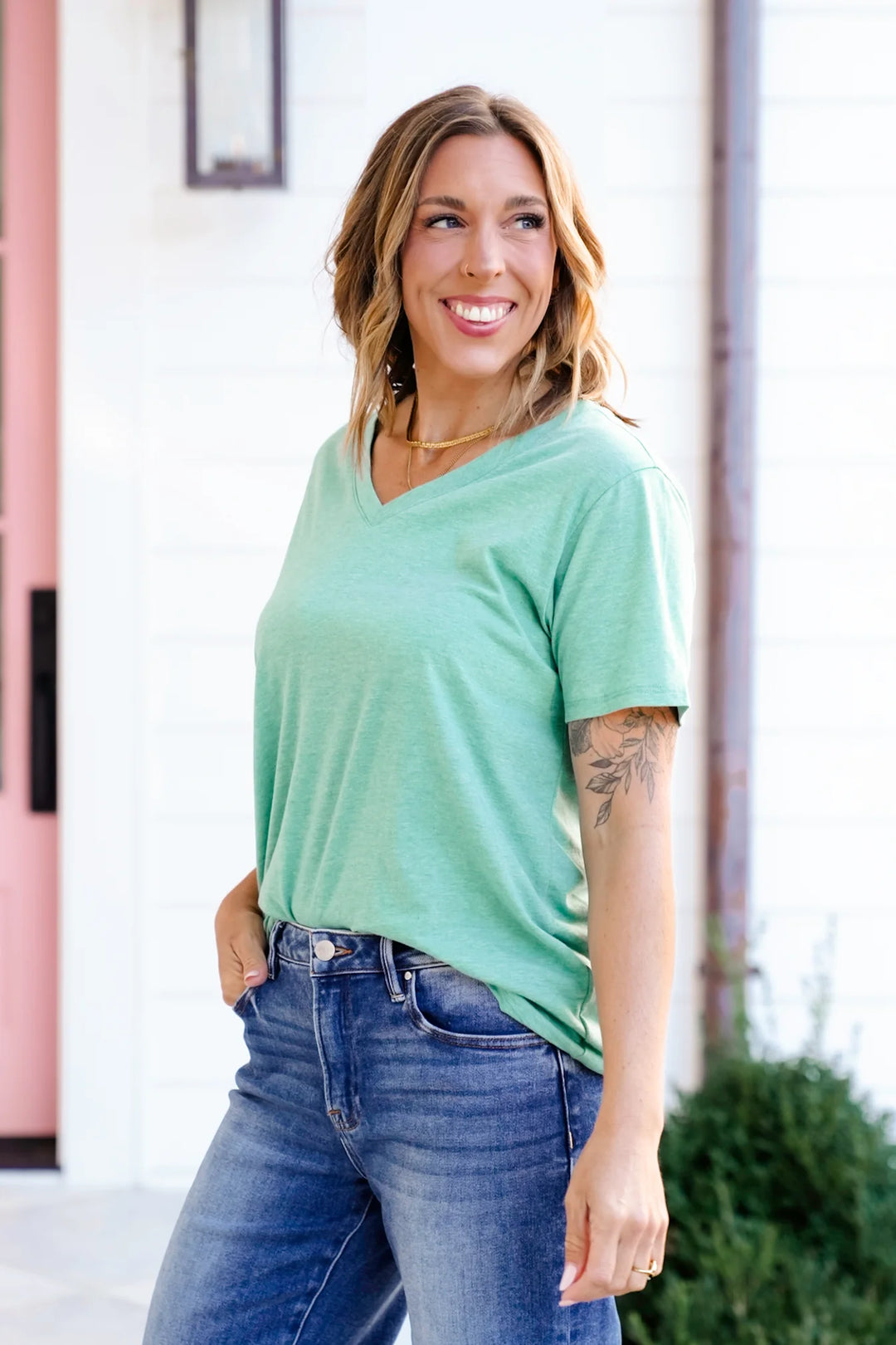 Zen Cotton V Neck Tee (Heather Kelly Green)
