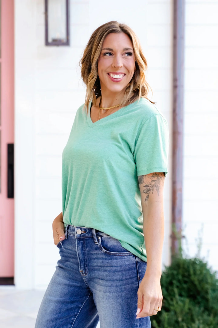 Zen Cotton V Neck Tee (Heather Kelly Green)