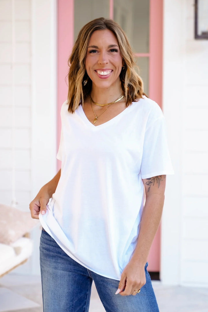 Zen Cotton V Neck Tee (White)