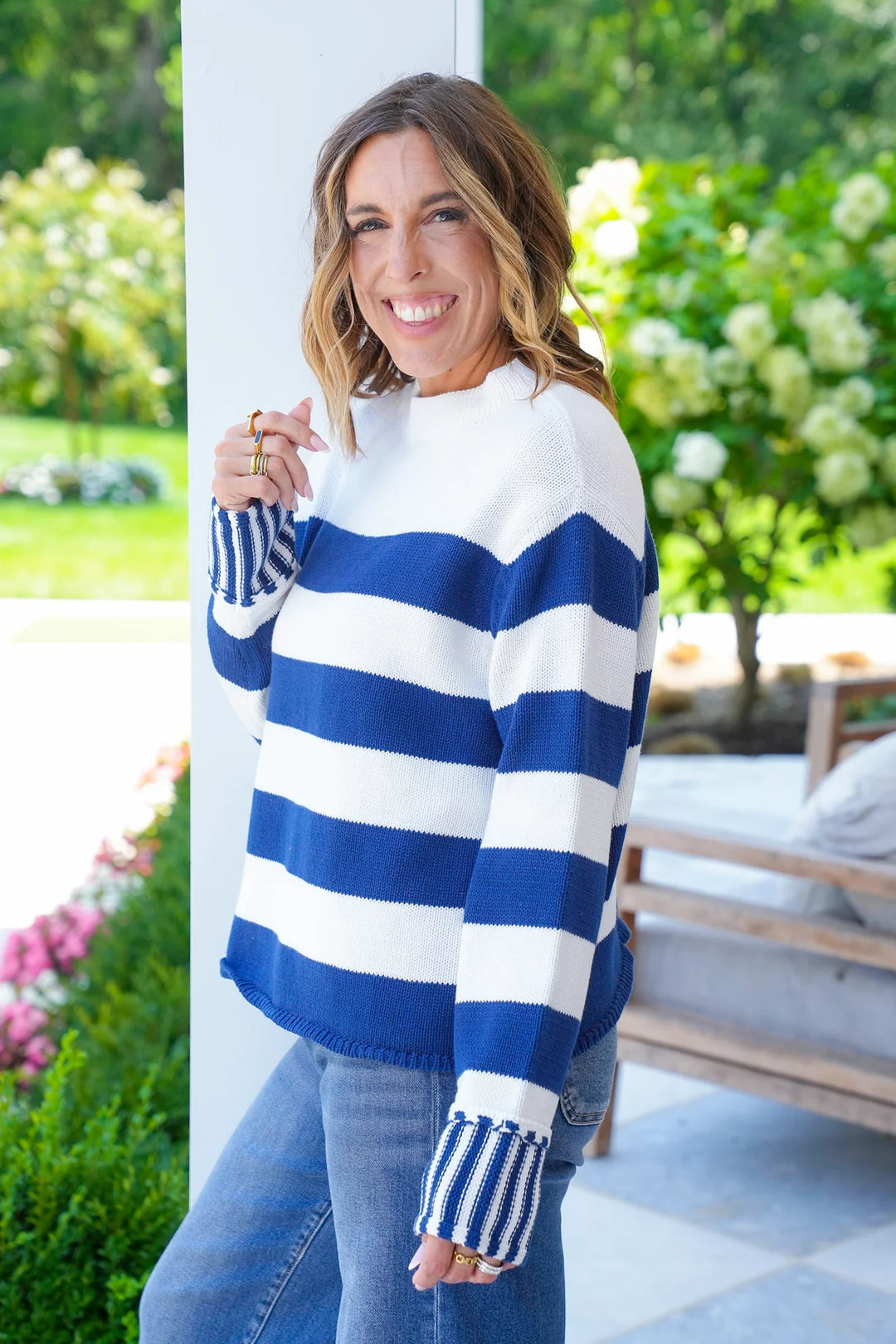 Zen Striped Cotton Sweater (Light Navy)