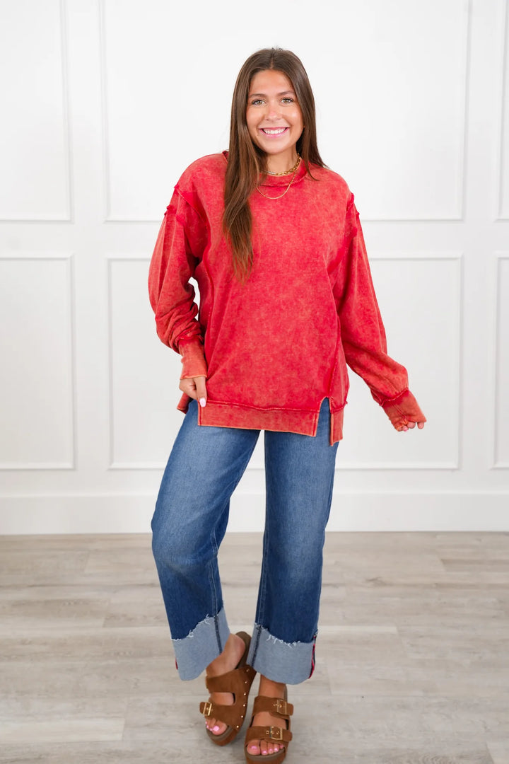 Zen Acid Wash Cotton Sweatshirt (Dark Red)